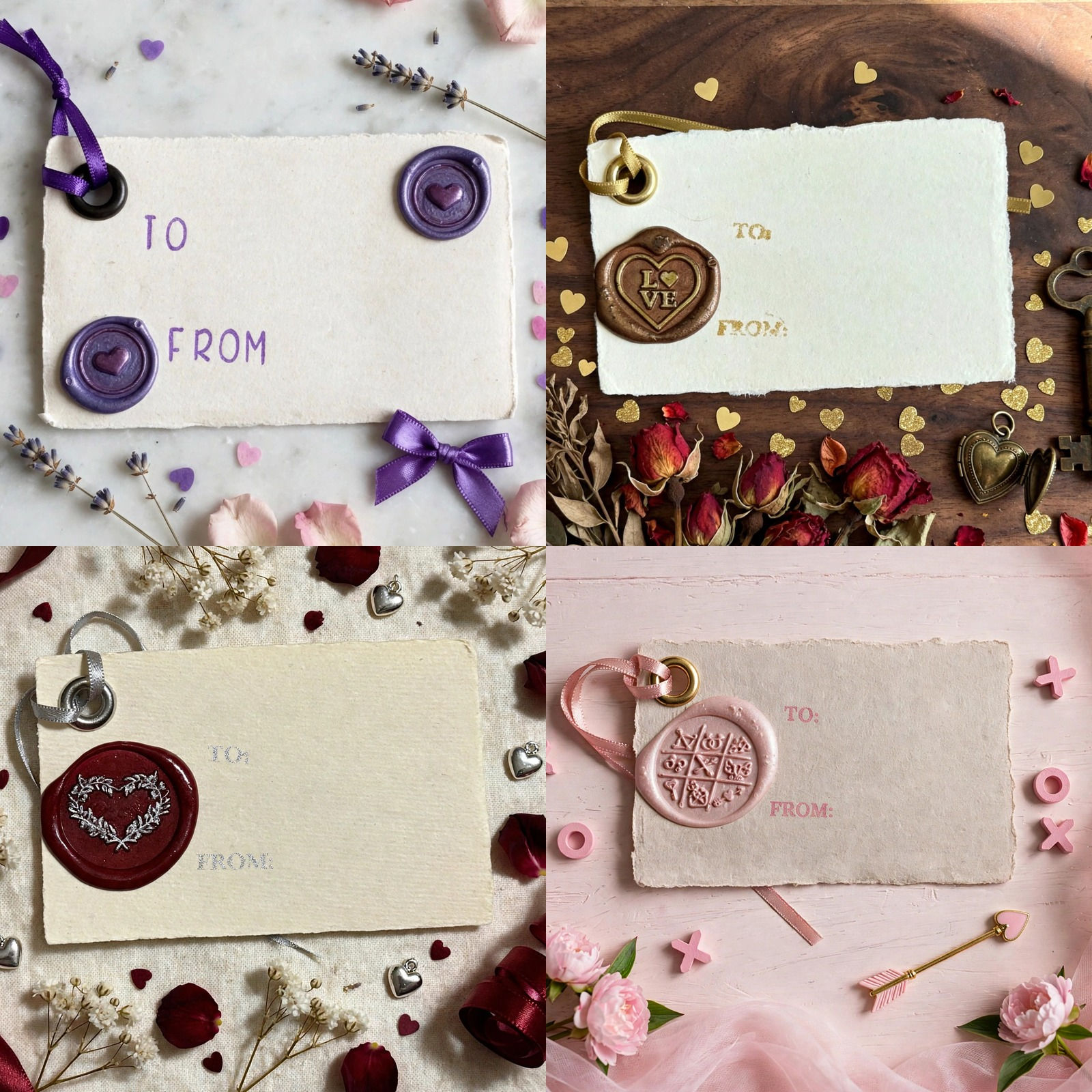 Handmade Wax Seal Valentine Gift Tags with Ribbon – 4 Pack – Combo 1