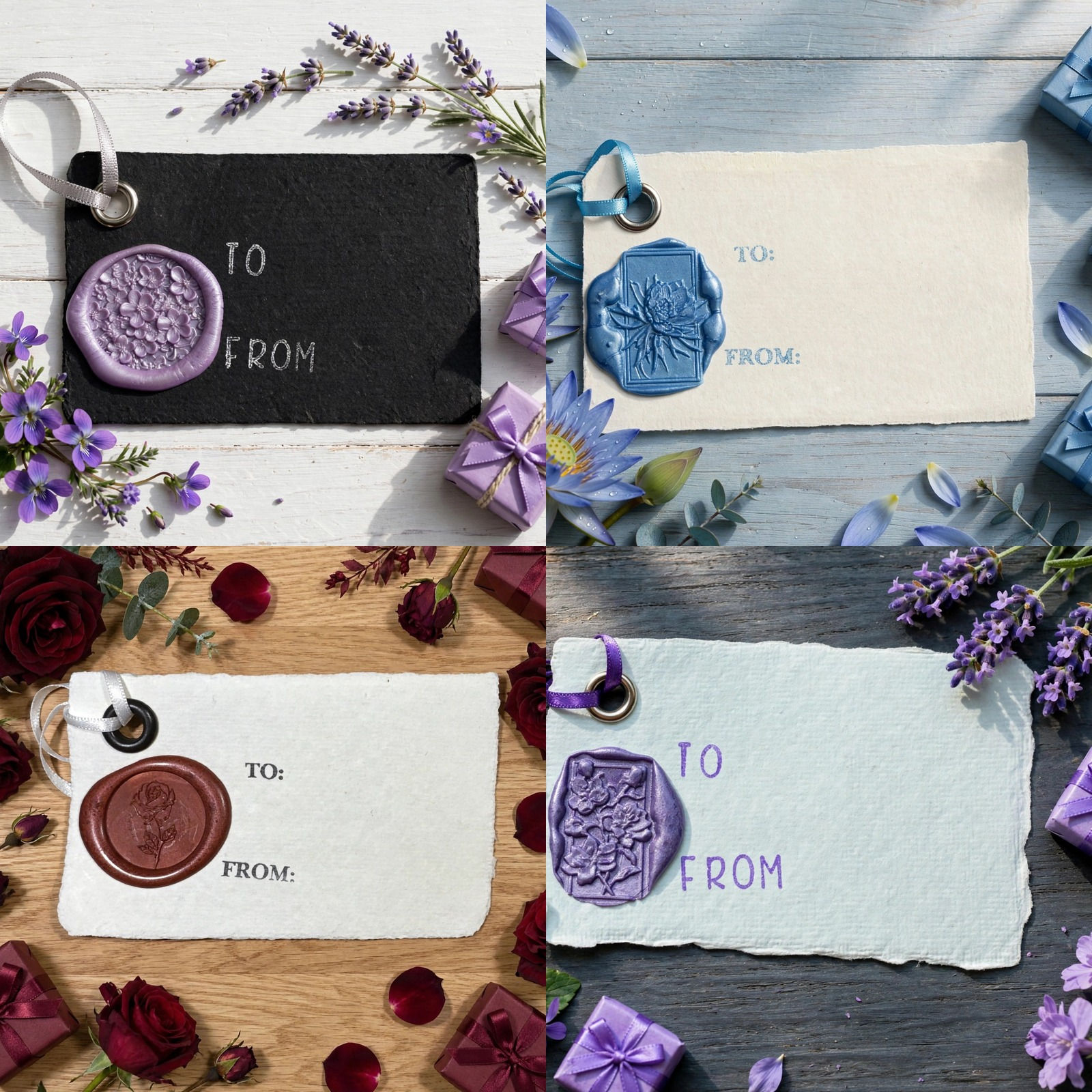 Handmade Wax Seal Flower Gift Tags with Ribbon – 4 Pack – Combo 1