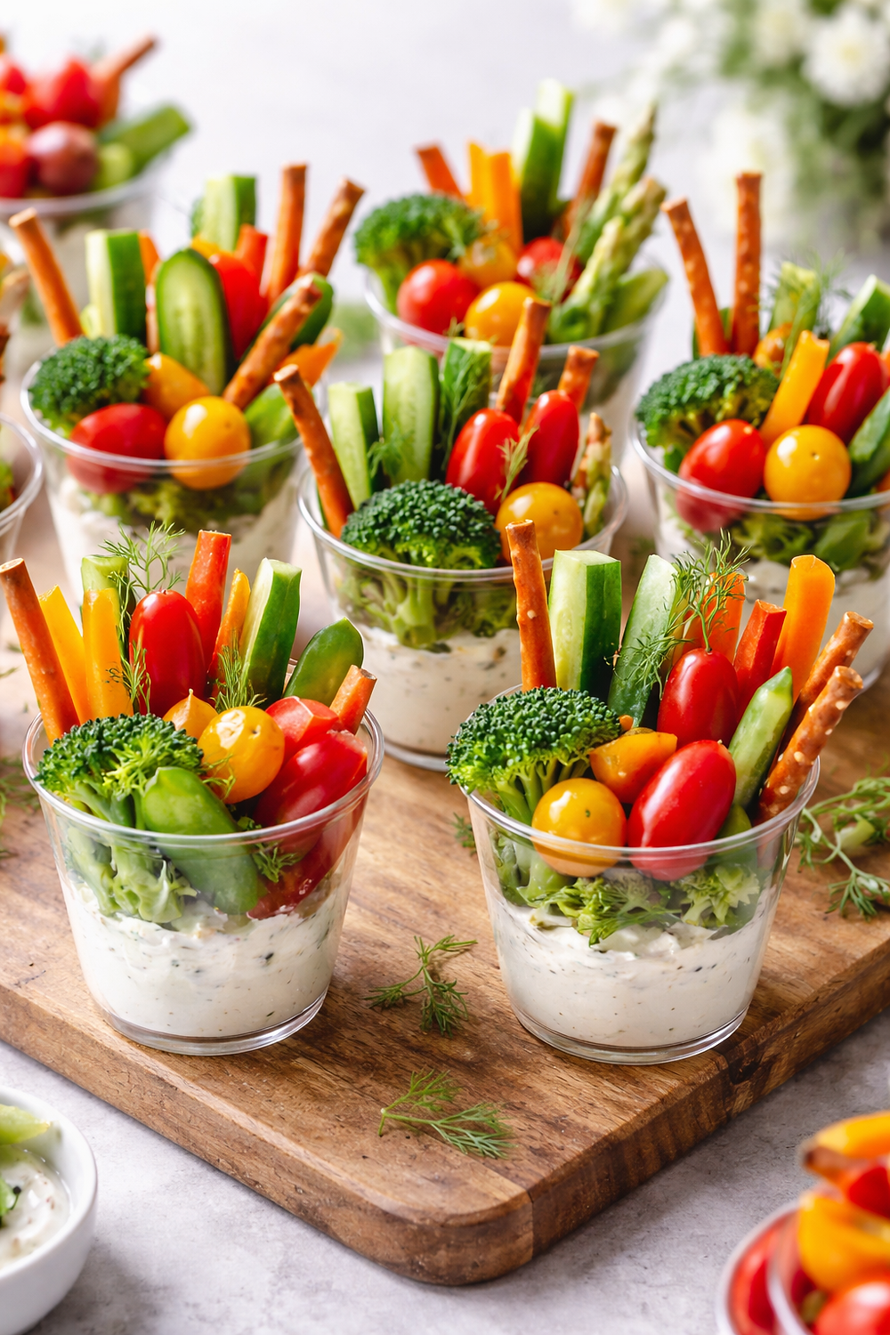 Individual cups of fresh vegetables, dip, and pretzel sticks