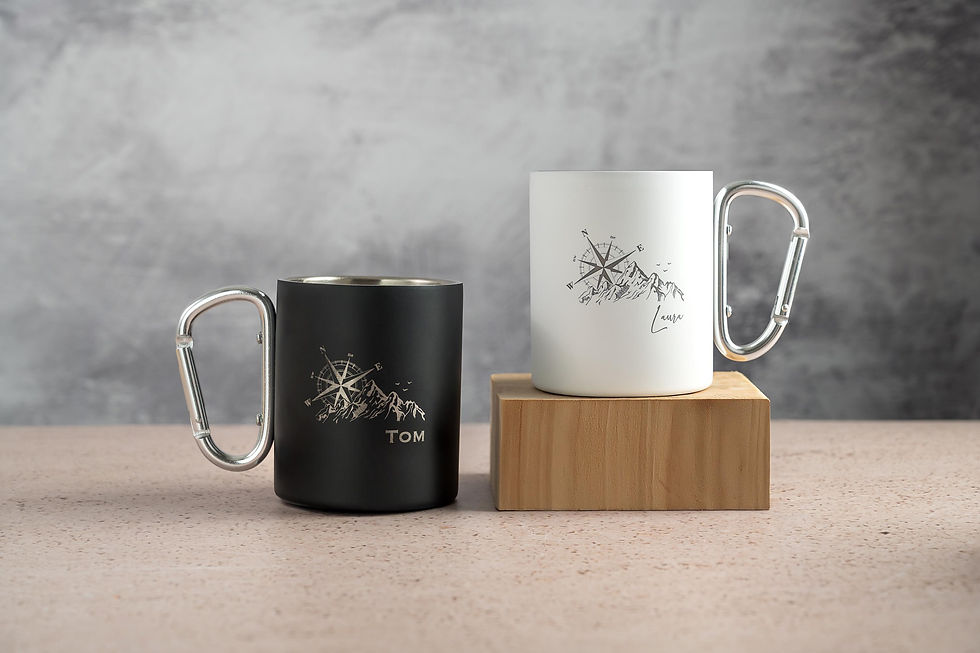 Thumbnail: Personalized Camping Mug: Engraved Stainless Steel Carabiner Mug