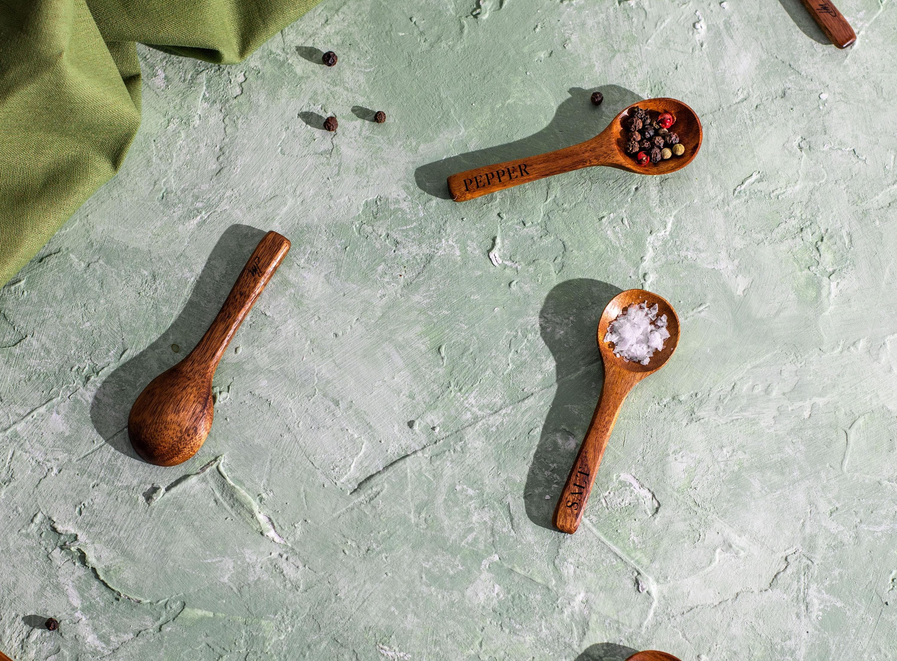 Personalised Mini Acacia Wood Spice Spoon: Natural Pantry Salt Spoon