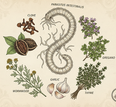 Firefly_Gemini Flash_an illustration of a parasite surrounded by clove, black walnut,wormw