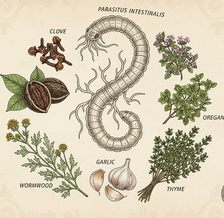 Firefly_Gemini Flash_an illustration of a parasite surrounded by clove, black walnut,wormw