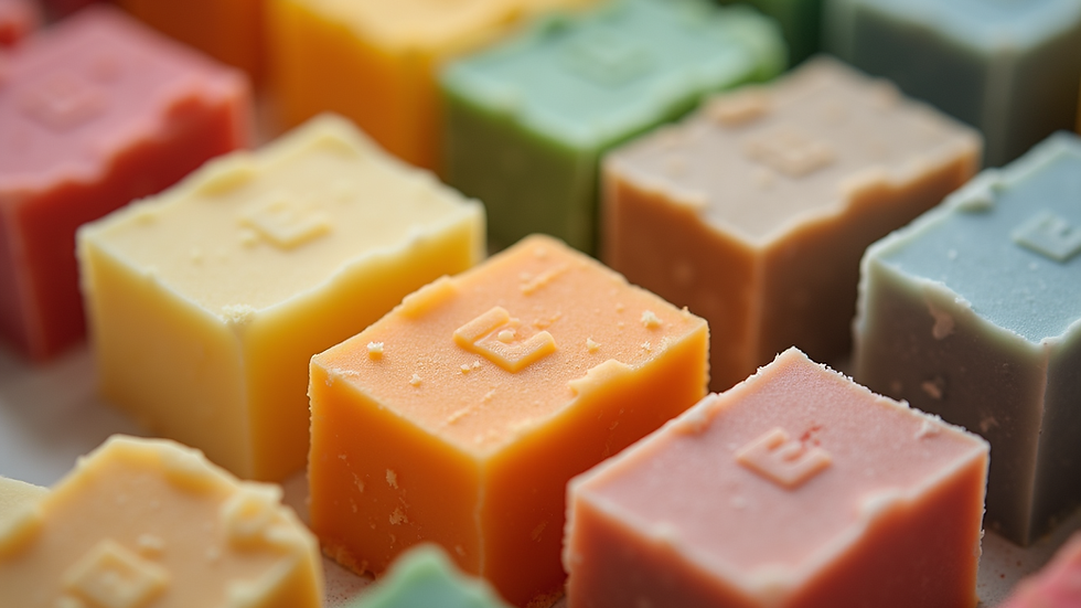 Close-up view of colorful handmade soap bars