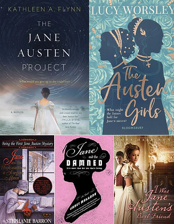 Book covers of The Jane Austen Project, The Austen Girls, Jane and the Unpleasantness at Scargrave Manor, Jane and the Damned, and I Was Jane Austen's Best Friend