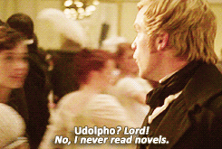 A gif of John Thorpe telling Catherine Moreland in Northanger Abbey that he never reads novels.