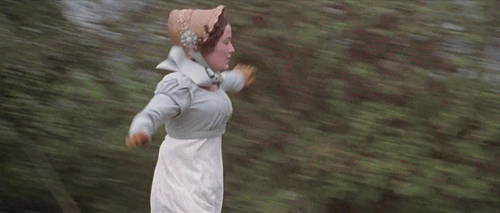 A gif of Jennifer Ehle as Lizzie Bennet running in the fields.
