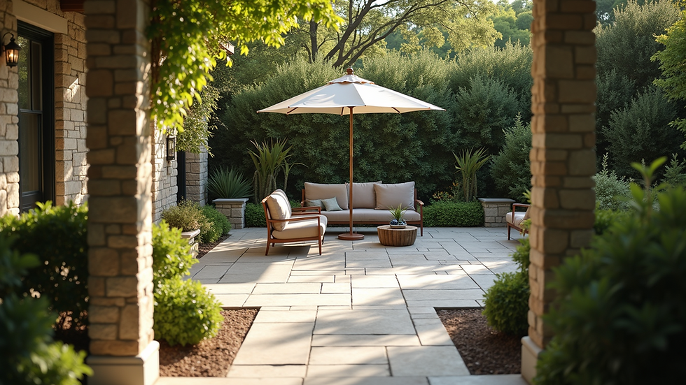 Eye-level view of a beautifully crafted stone patio with a cozy seating area