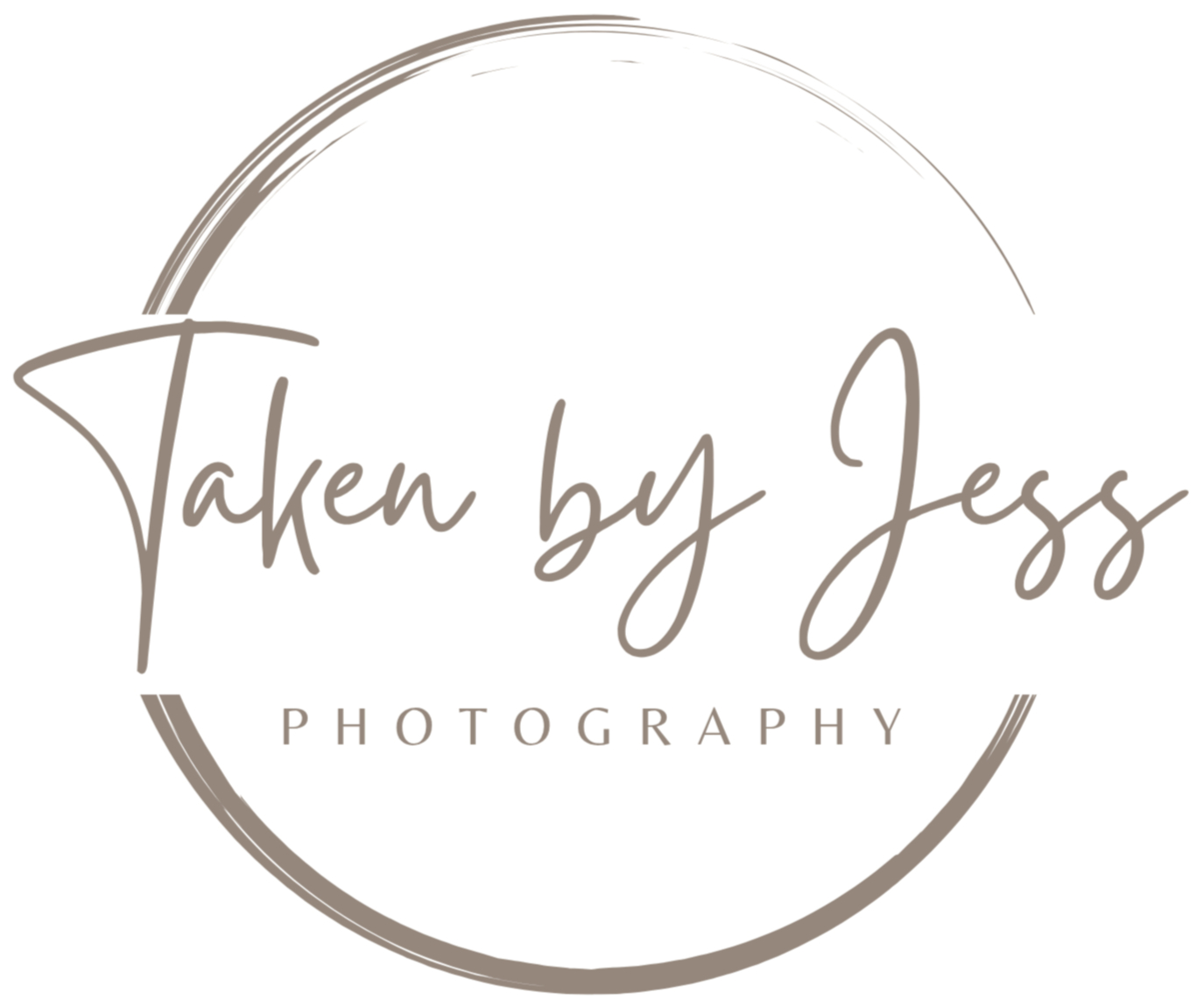 Taupe circular logo reading Taken by Jess Photography on a white background, with elegant handwritten and spaced serif text