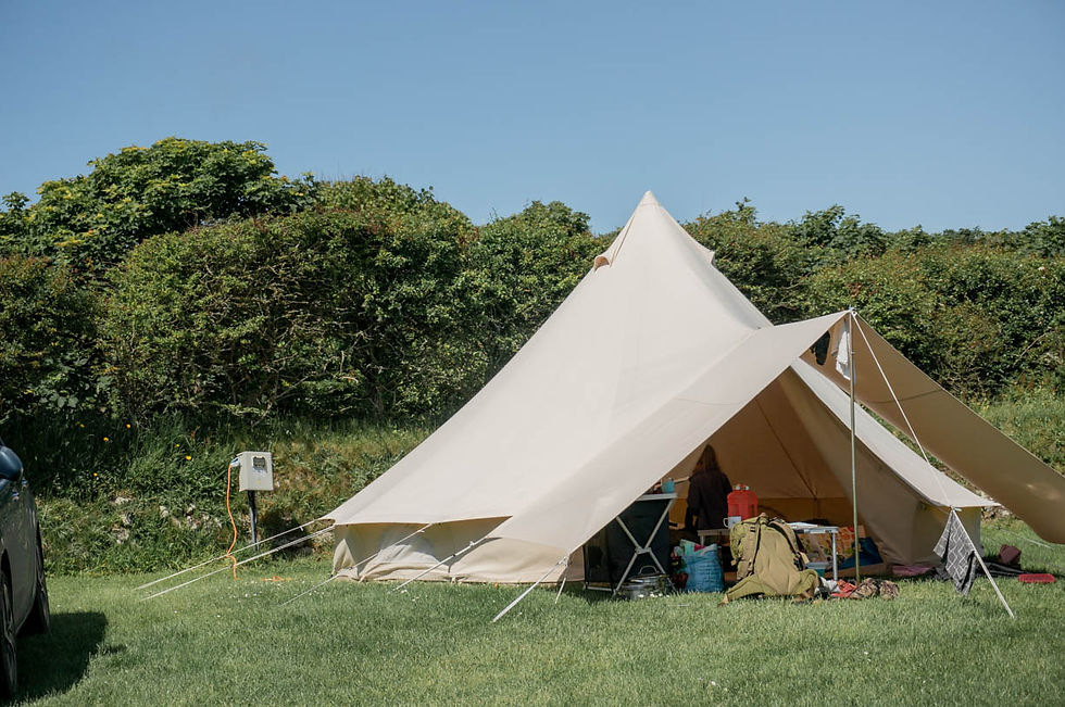 A bell tent which has been hired at Beacon Cottage Farm Campsite