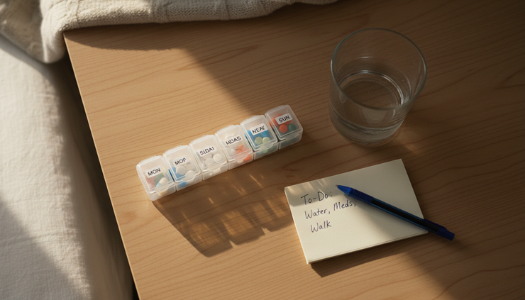 Overhead view of a weekly pill organizer beside a glass of water.