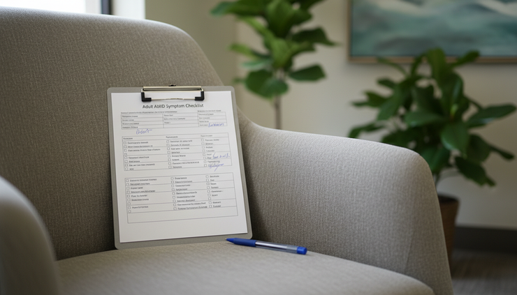 Close-up view of an ADHD symptom checklist on a clipboard.