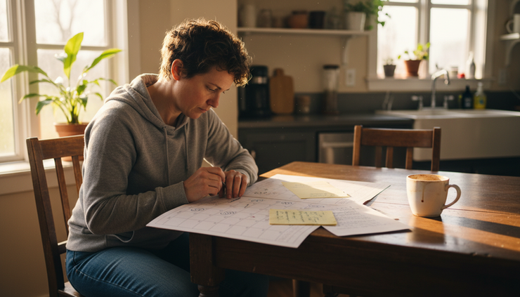Eye-level view of an adult sorting notes at a kitchen table.