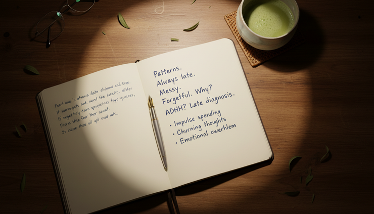 Overhead view of a journal page with handwritten reflections, a pen, and a small bowl of tea beside it