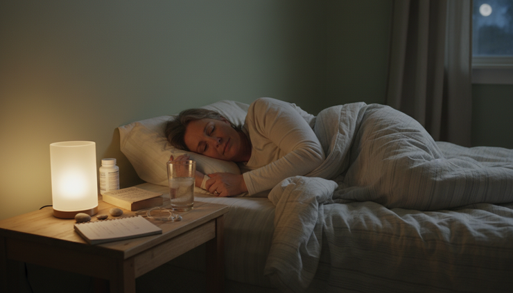 Wide-angle view of a bedroom at night with a person resting under light bedding near a softly glowing lamp