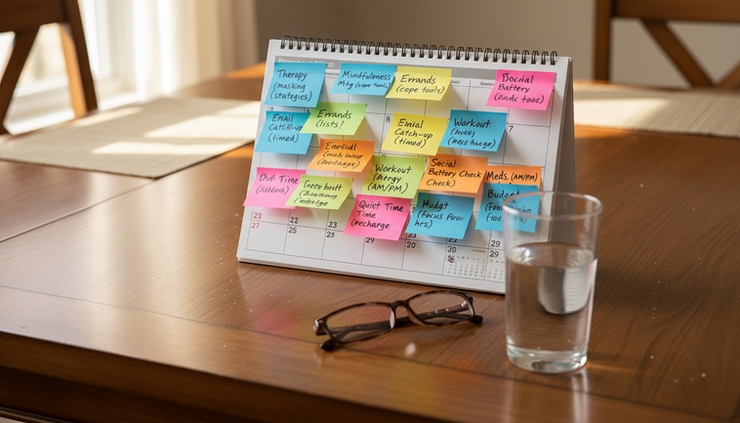 Close-up view of colorful reminder notes layered over a paper calendar on a dining table