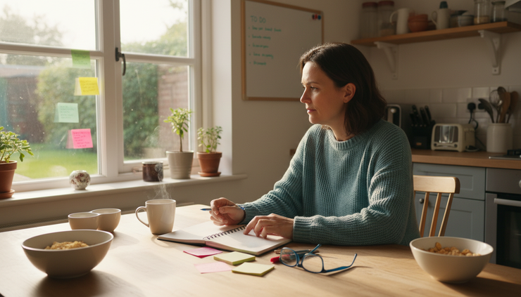 Eye-level view of a woman sitting quietly by a kitchen window with a notebook and a cooling cup of coffee