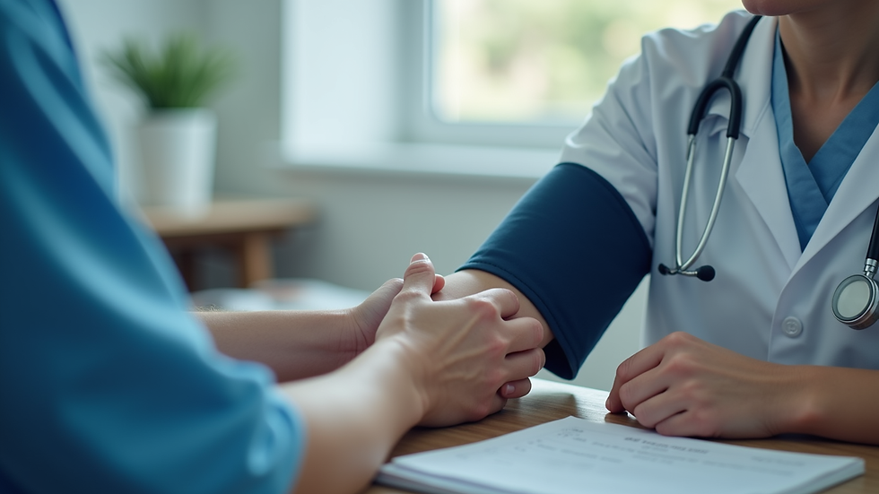 Close-up view of a healthcare professional taking a patient’s blood pressure