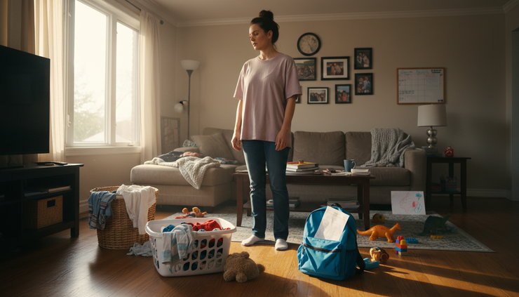 Wide-angle view of a living room with children's toys, folded laundry, and a woman standing still in the middle of the room
