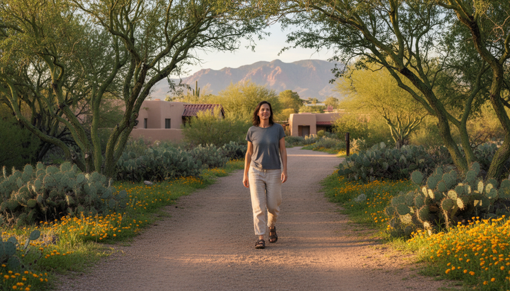 Wide-angle view of an adult walking on a quiet neighborhood path.