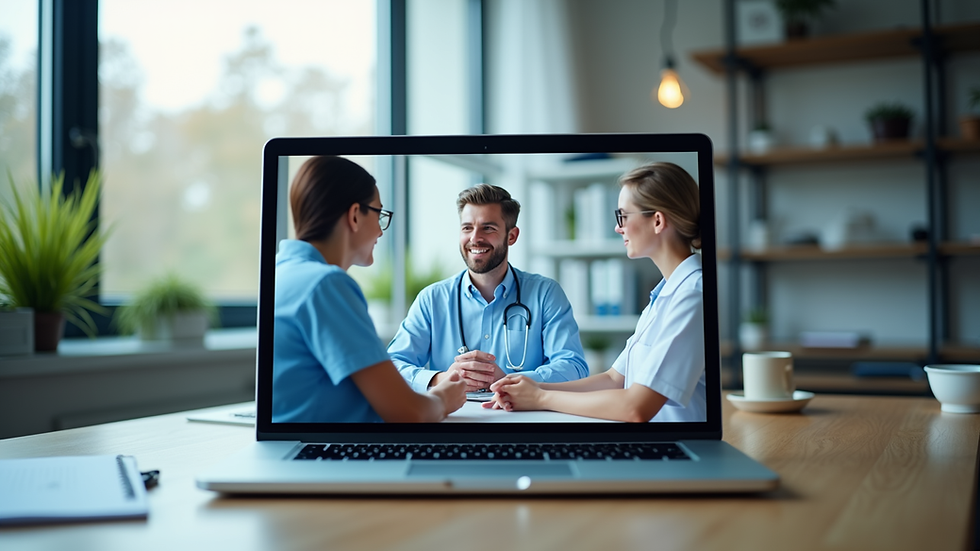 Eye-level view of a laptop on a desk with a virtual healthcare consultation on screen