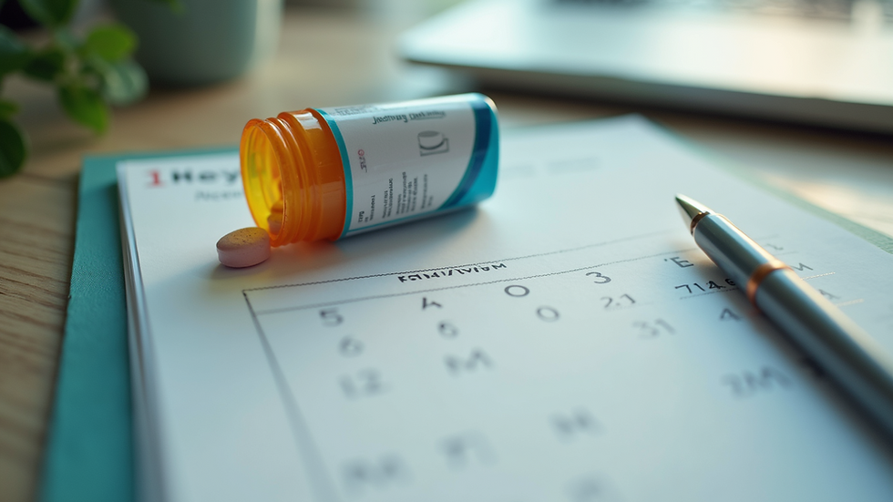 High angle view of a medication box and a calendar with a reminder note