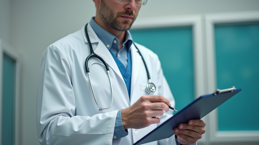 Eye-level view of a doctor reviewing patient symptoms on a clipboard