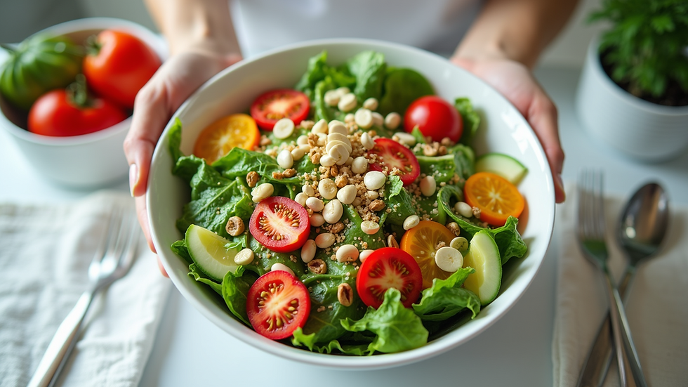 Eye-level view of a colorful bowl of fresh salad with vegetables