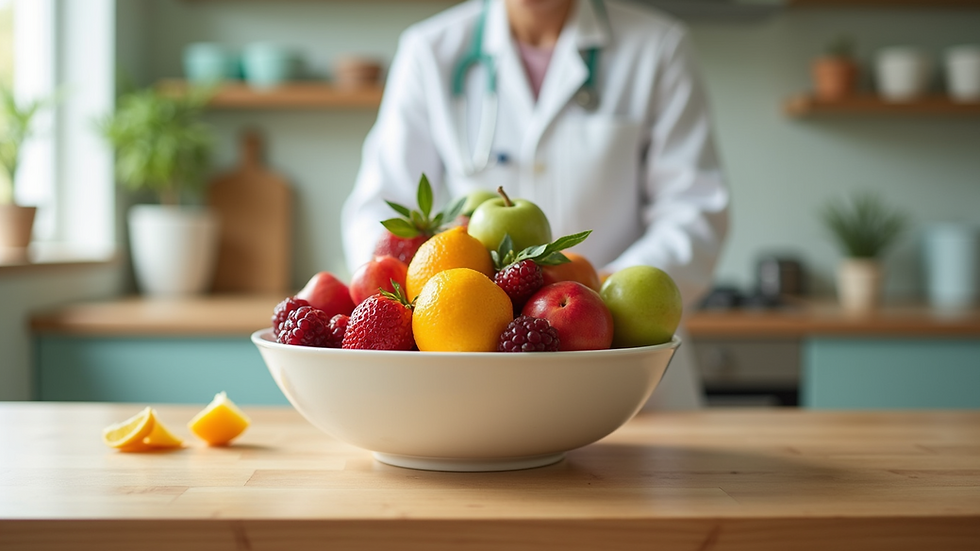 Eye-level view of a colorful bowl of fresh fruit on a wooden table