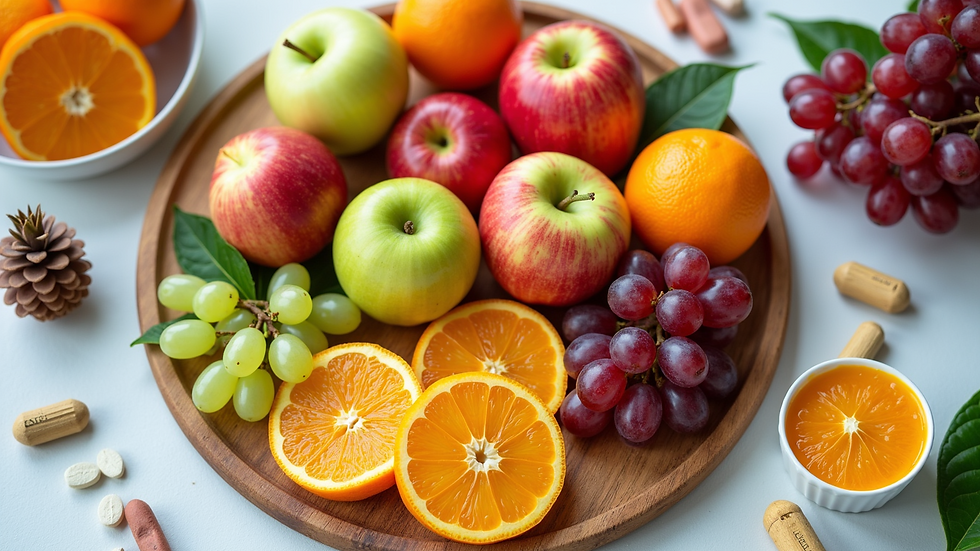 High angle view of a colorful fruit platter with apples, oranges, and grapes