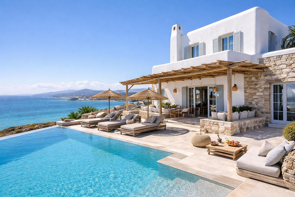Terrasse ombragée avec pergola et vue mer, villa de luxe à Paros, idéale pour acheter maison Paros
