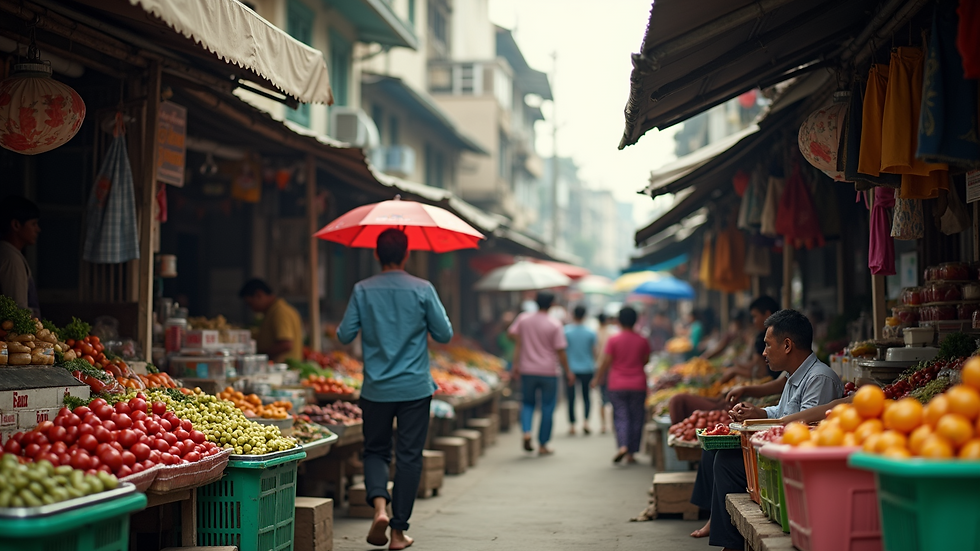 Eye-level view of a bustling market in Phnom Penh