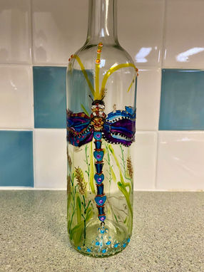 hand painted, original art, illuminated bottles, dragonflies,