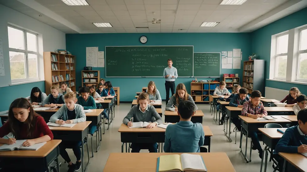 Wide angle view of a classroom filled with enthusiastic students