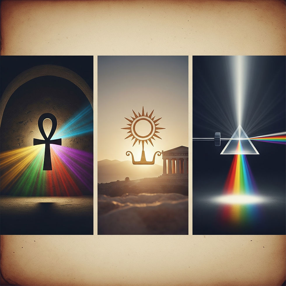 Triptyk som visar kromoterapins historia, med den egyptiska Ankh, den grekiska solen och Isaac Newtons prisma.