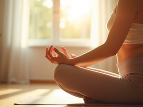 Close-up view of a person practicing gentle yoga in a sunlit room