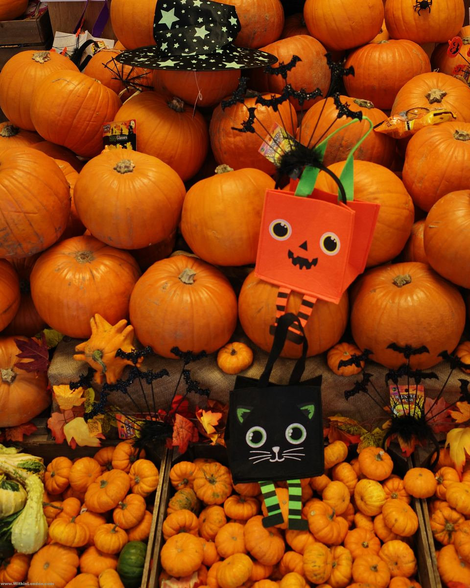 A greengrocer's display of orange pumpkins in every size, with a cardboard black cat wearing a witch's hat propped among them