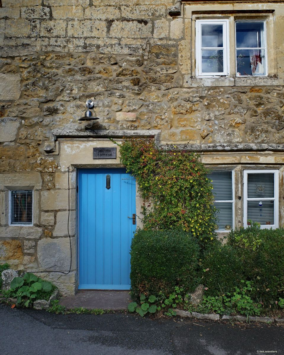 Bright blue door in a lichen-covered Cotswold stone cottage with a green creeper beside it