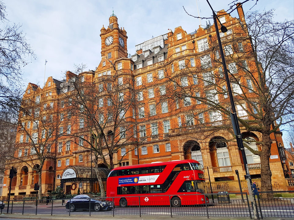 Landmark Hotel London and red double-decker bus