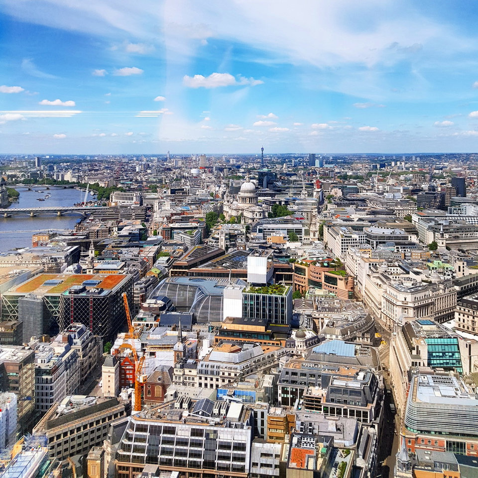 Looking west from the Sky Garden over City office blocks to the dome of St Paul's, with the BT Tower on the skyline