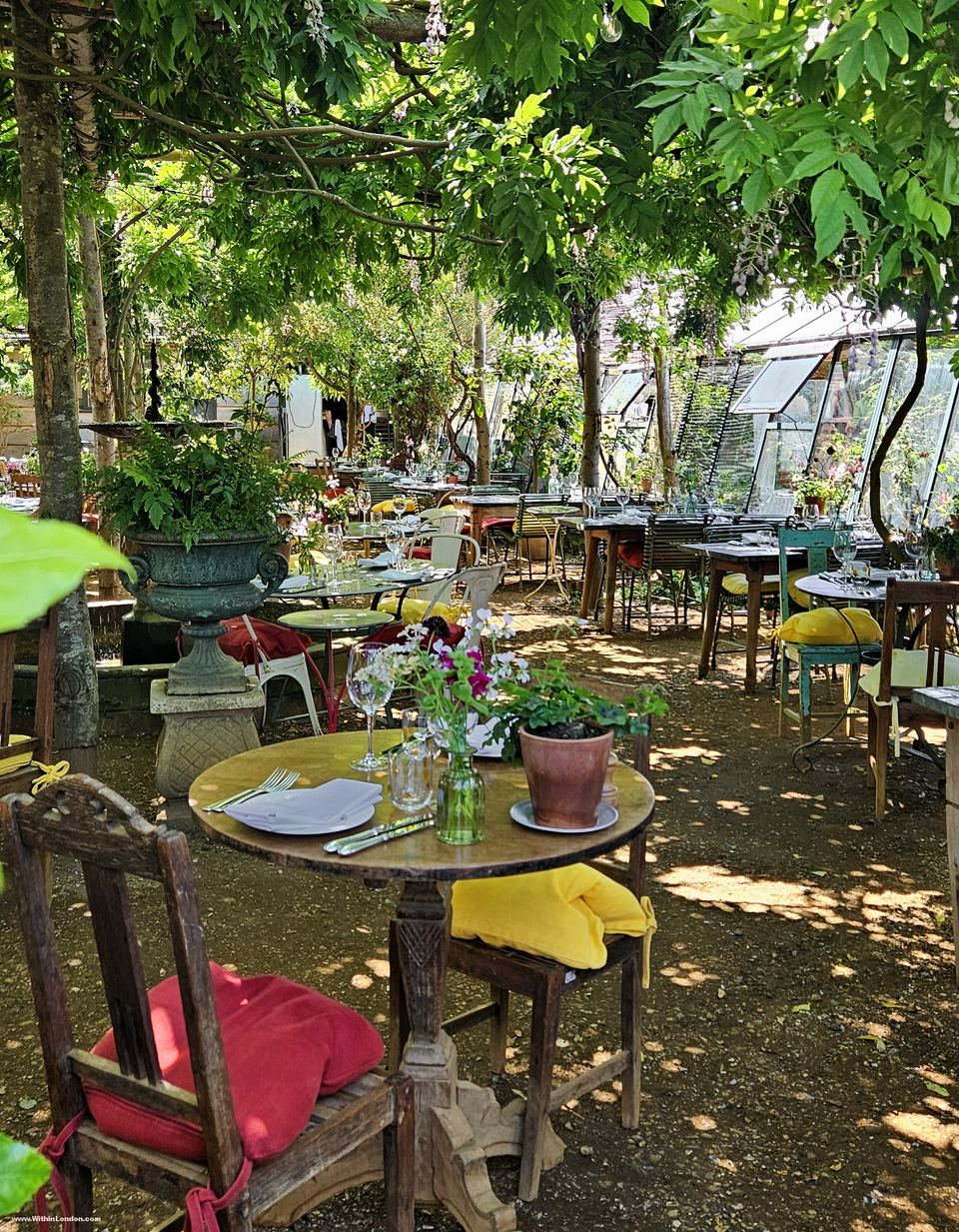 Café tables under a canopy of trees and vines, with a round table, a potted plant and mismatched chairs with yellow and red cushions