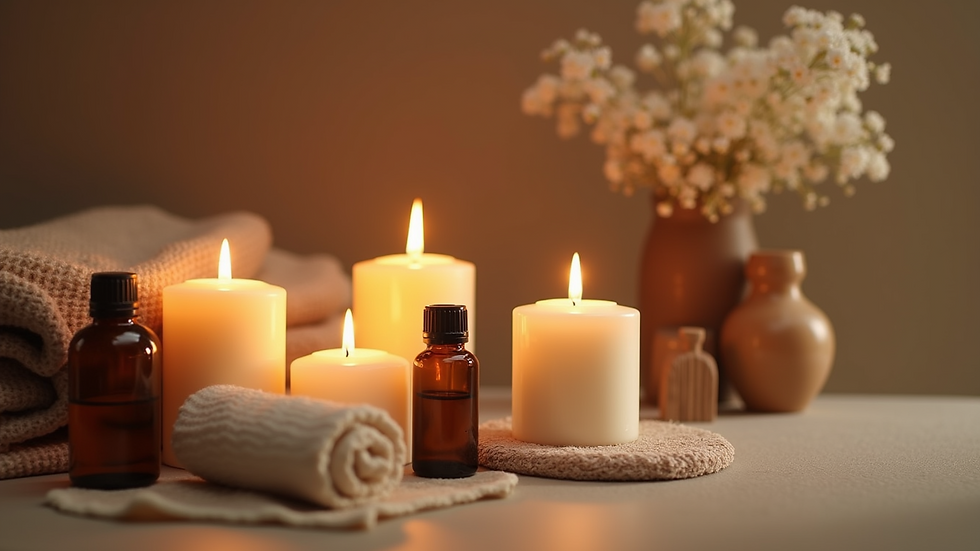 Close-up view of a serene spa setting with candles and essential oils