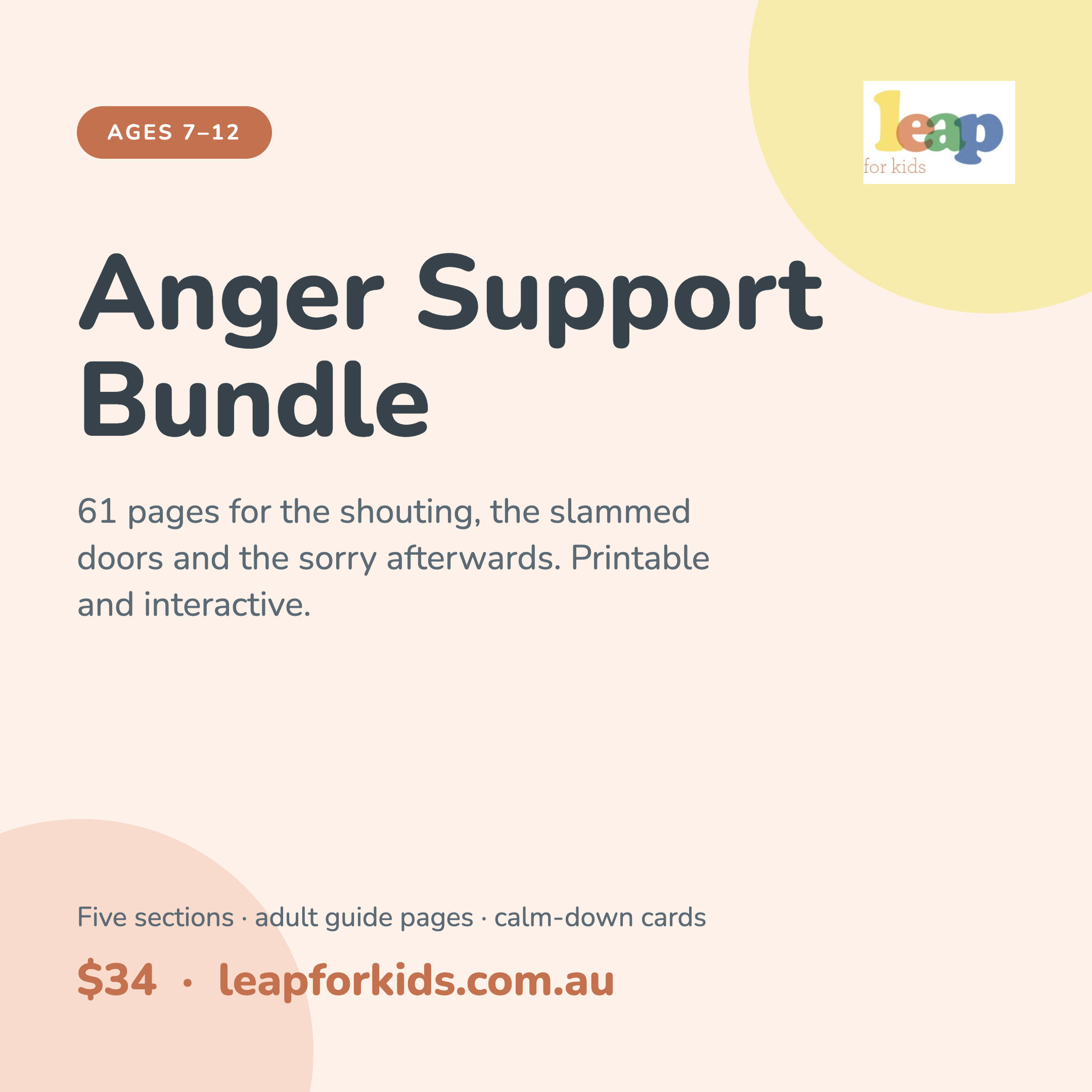 Anger Support Bundle — 61 printable and interactive pages, ages 7–12