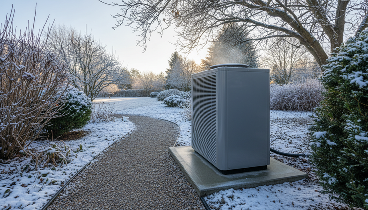 Low-angle view of an outdoor heat pump unit running beside a garden path