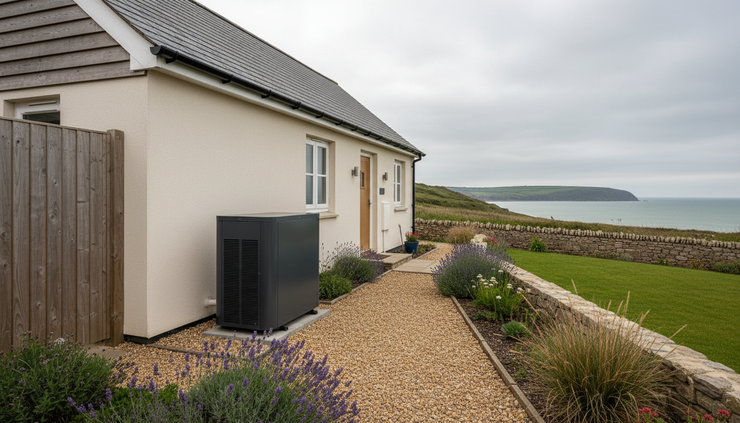 Wide-angle view of an air source heat pump outside a coastal Dorset home