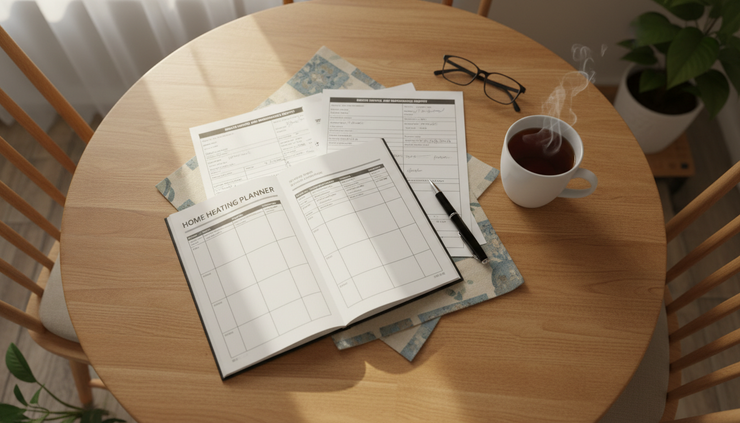 Overhead view of a home heating planner beside boiler paperwork