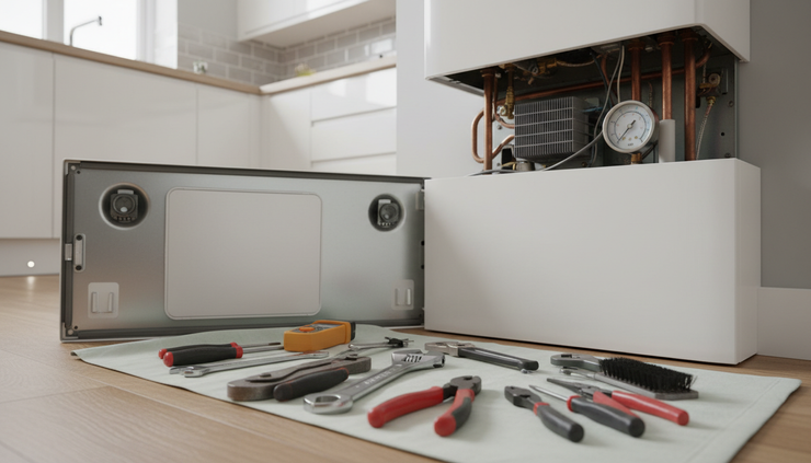 Close-up view of heating tools beside a domestic boiler panel.