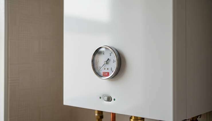 Close-up view of a boiler pressure gauge with the needle near the low-pressure area
