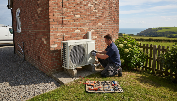 Wide-angle view of an air conditioning engineer checking an outdoor unit beside a Dorset home.