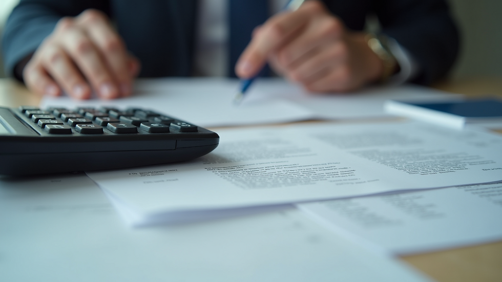 Close-up view of a calculator and legal documents on a desk